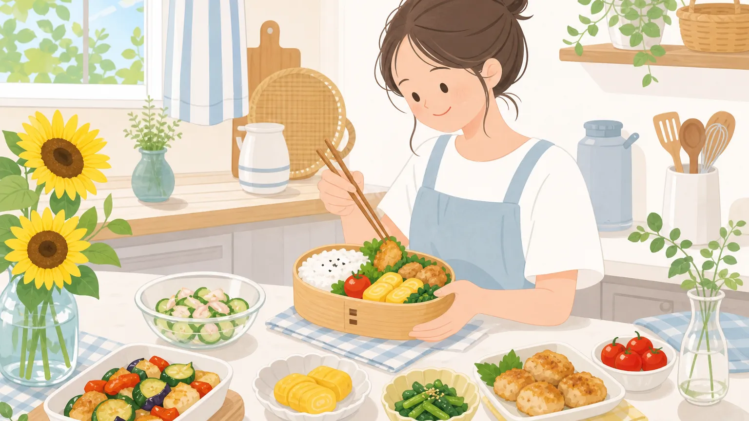 夏のお弁当に適したおかずが詰まった弁当箱と、調理道具が並んでいる様子