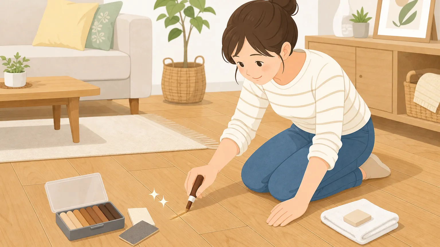 フローリングの傷を補修道具を使って直す様子を表したイラスト