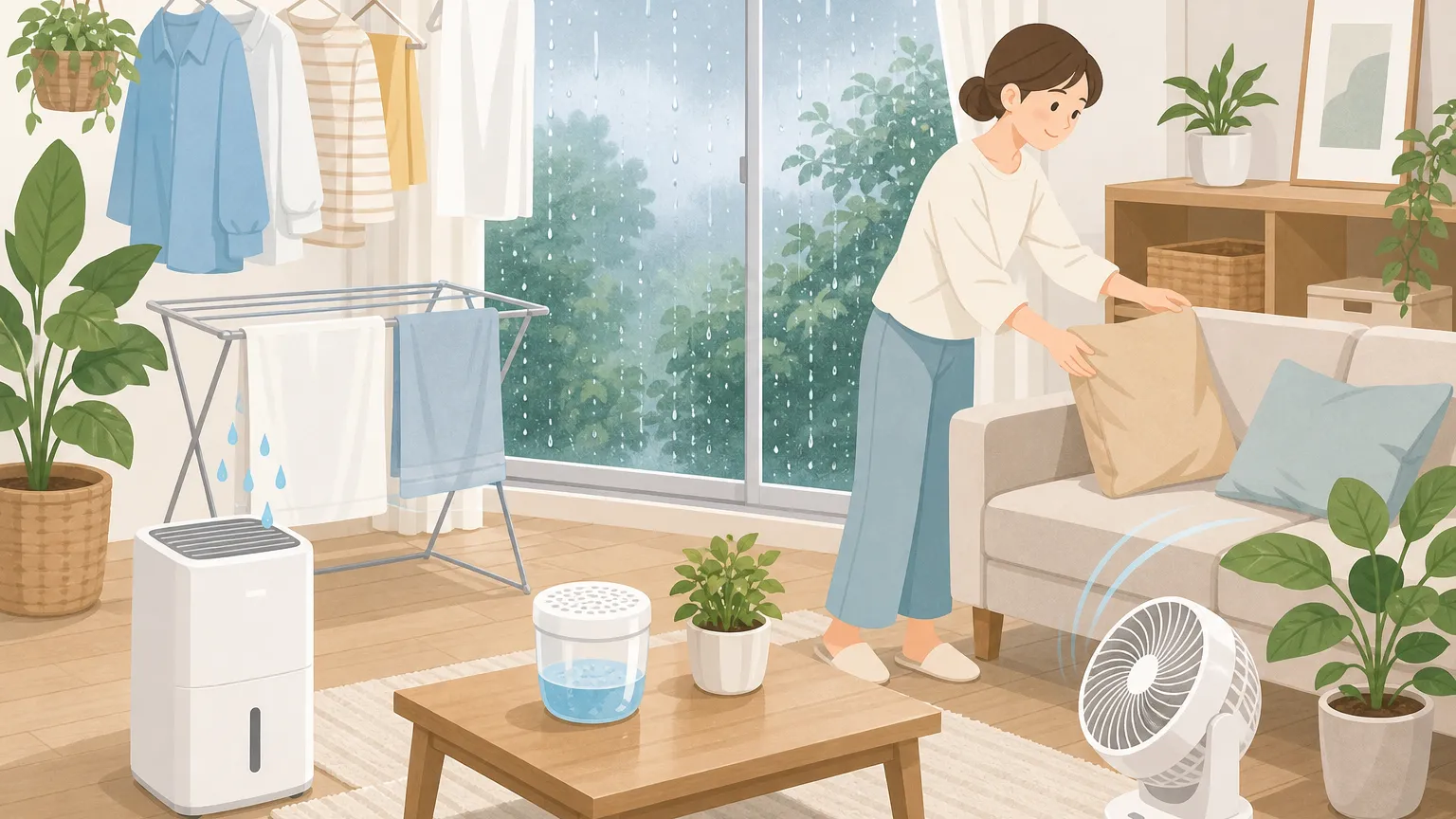 窓から日差しが差し込む一人暮らしの部屋で、観葉植物と除湿機を置きながら湿気対策をしている様子。