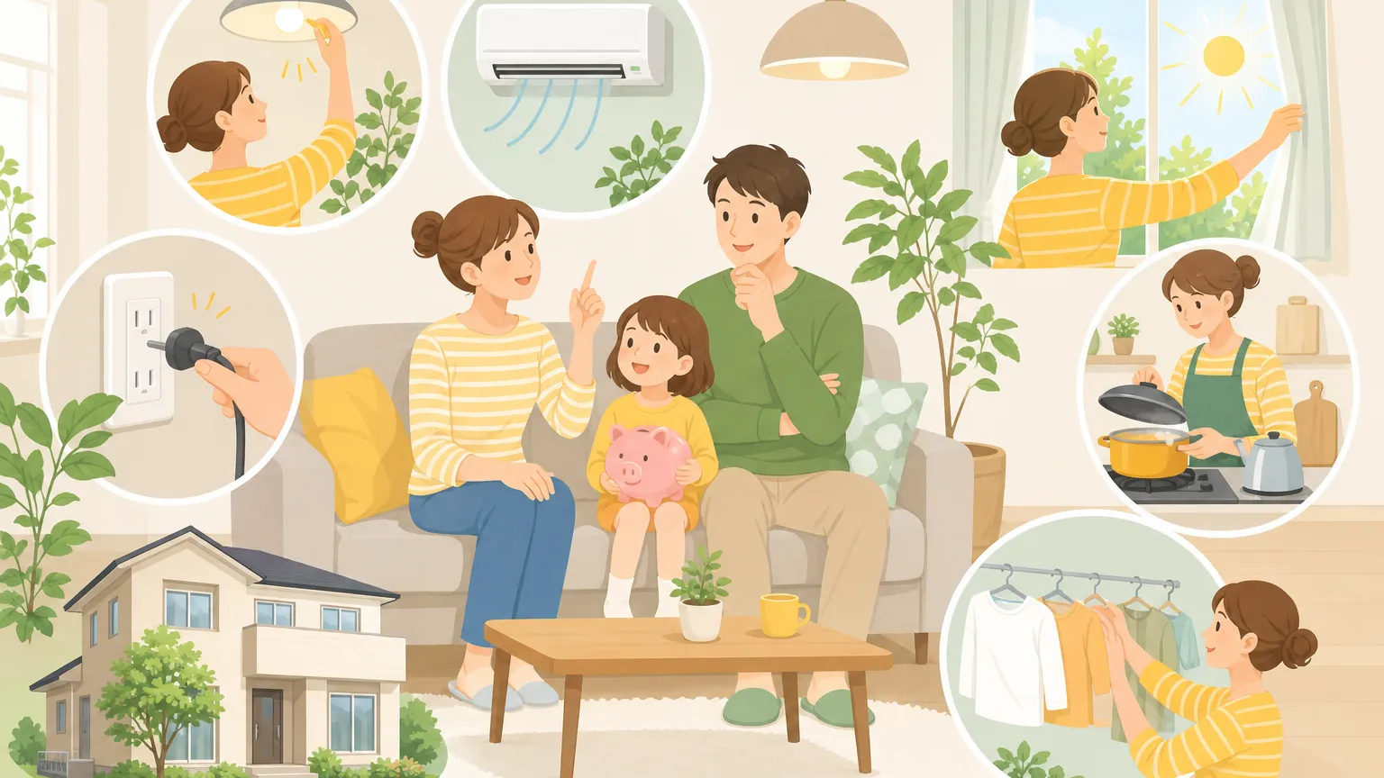 一人暮らしの部屋で、省エネ電球や電源タップを使って電気代を節約する様子