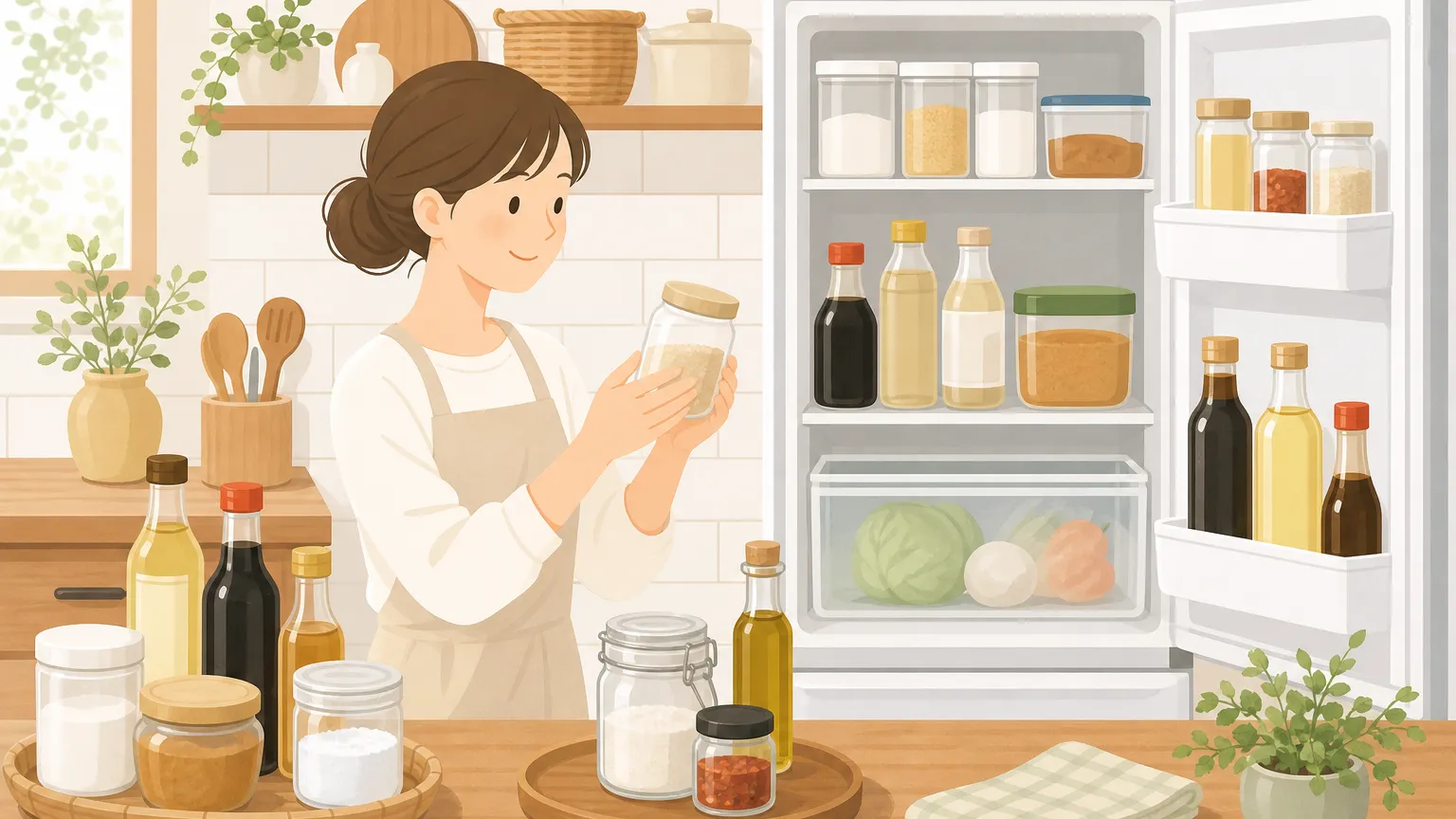 塩、砂糖、醤油などの調味料瓶が冷蔵庫と常温の棚に整理された様子