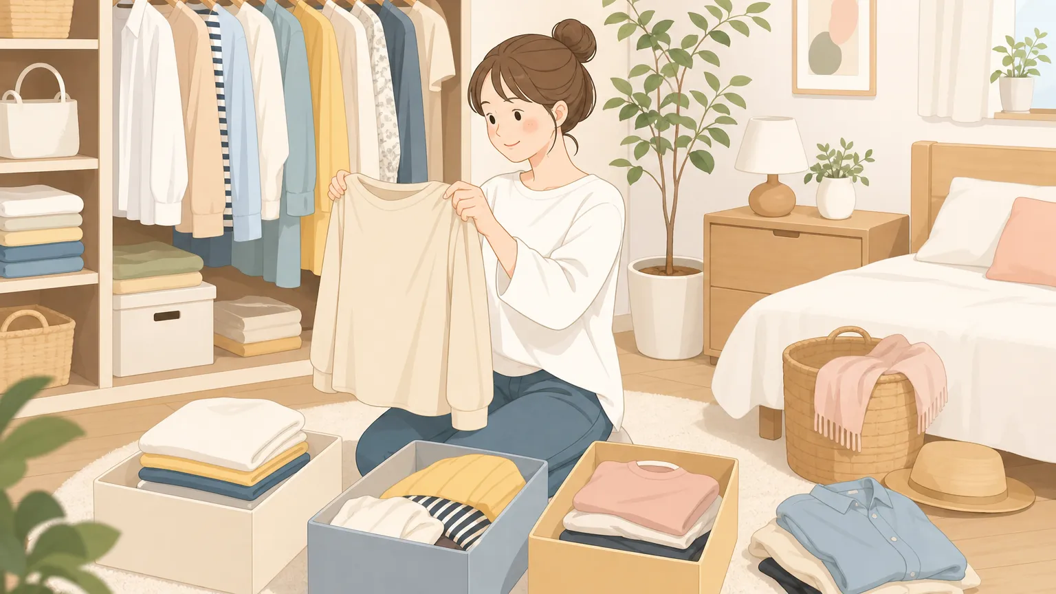 衣服を手に持つ女性が、クローゼットの前で服を仕分けしている様子