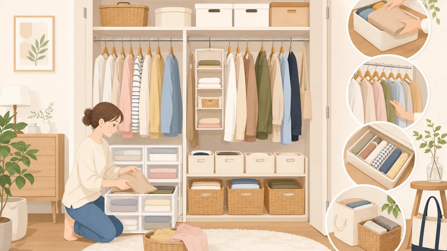 クローゼットの中が整理整頓されており、洋服がハンガーや棚に整然と並んでいる様子。
