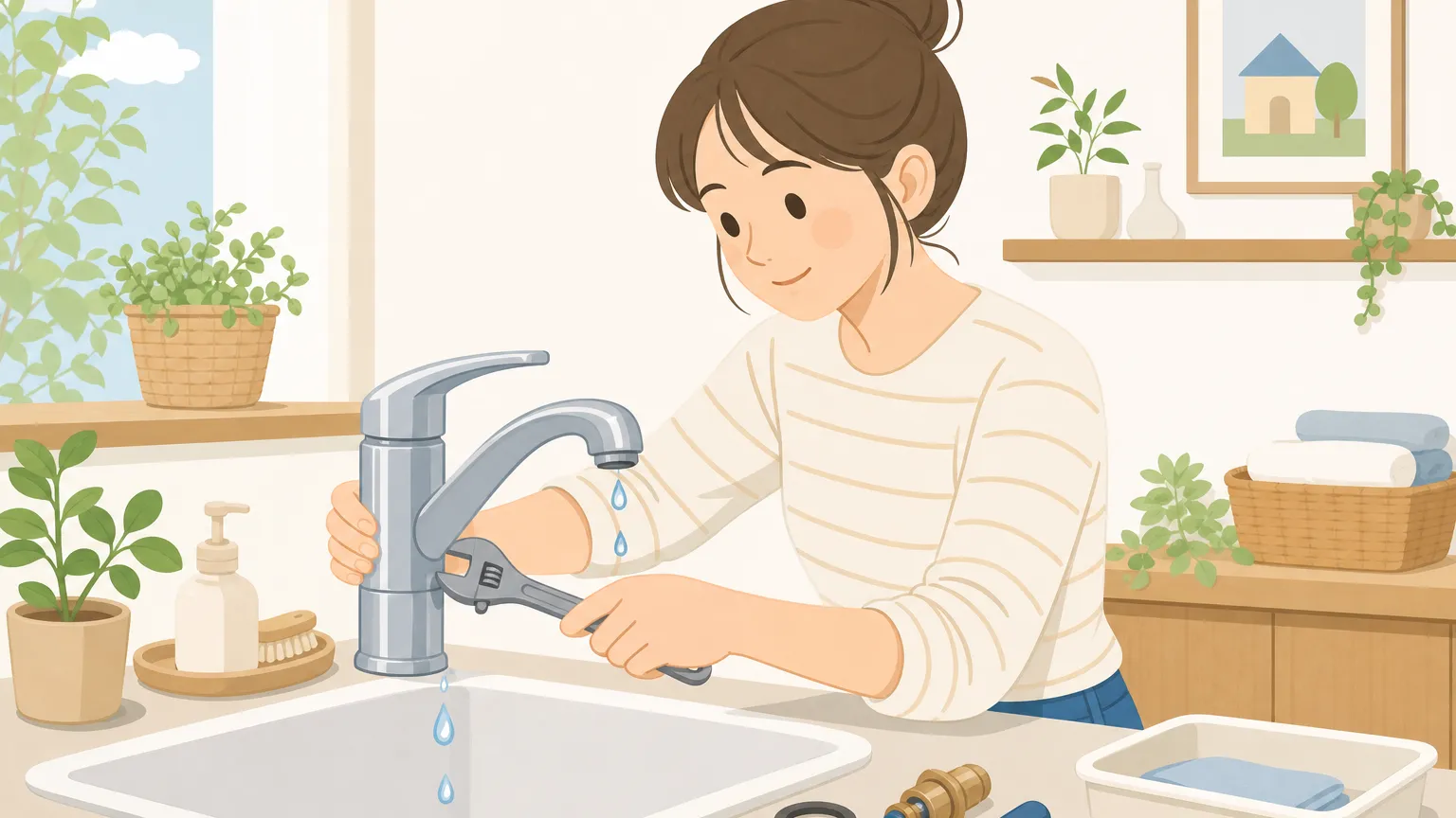 水が漏れている金属製の蛇口をモンキーレンチで修理している様子