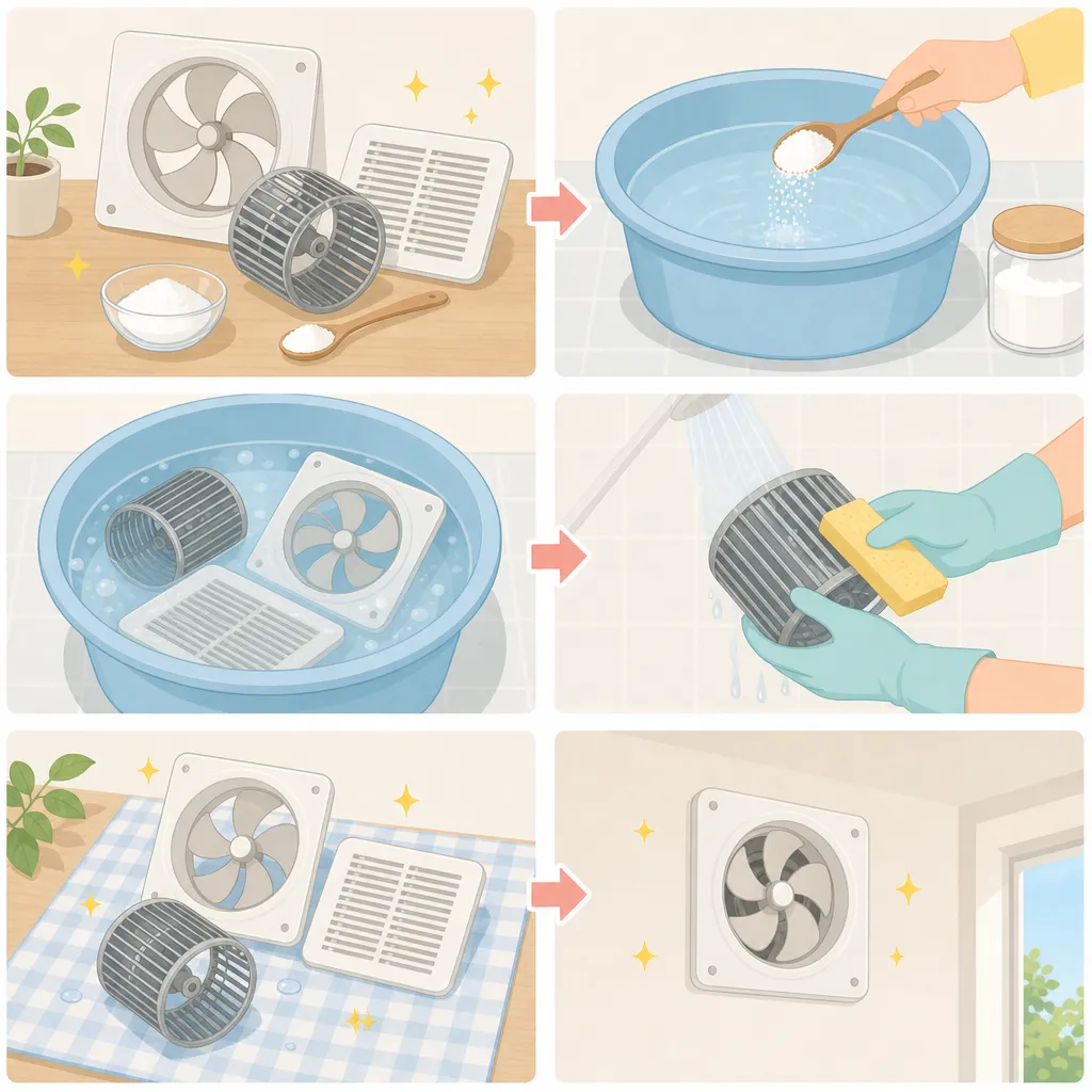 重曹水に浸した換気扇を洗浄する様子