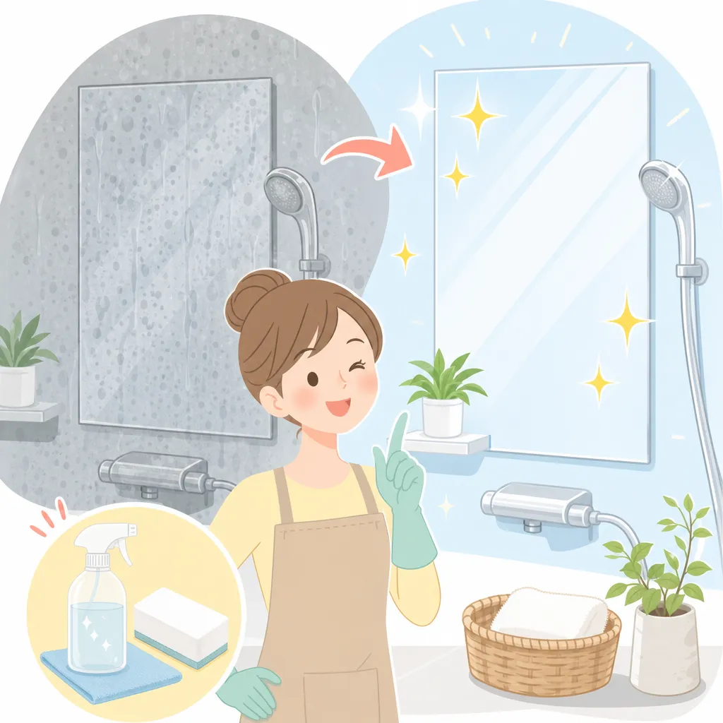 水垢取り用のクリーニング用品で浴室の鏡をこすっている様子