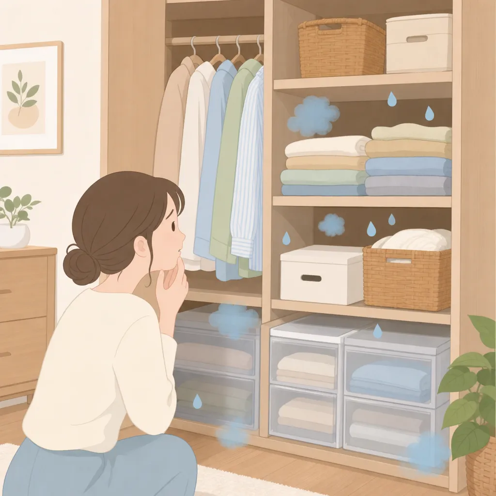 クローゼットの中で湿気が蓄積し、衣類がしめっている様子を表現した図解。