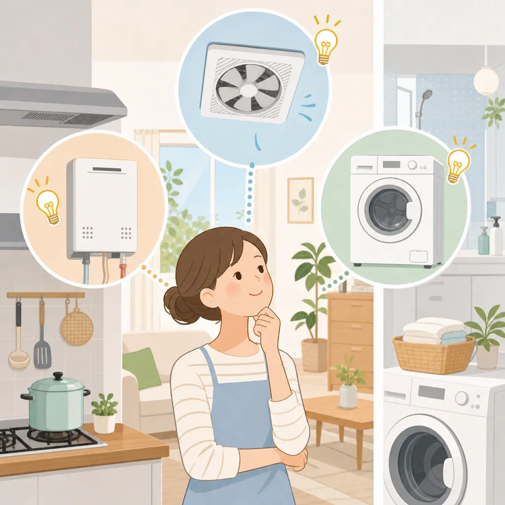 換気扇、給湯器、洗濯機が並んで描かれた家電製品のイラスト。