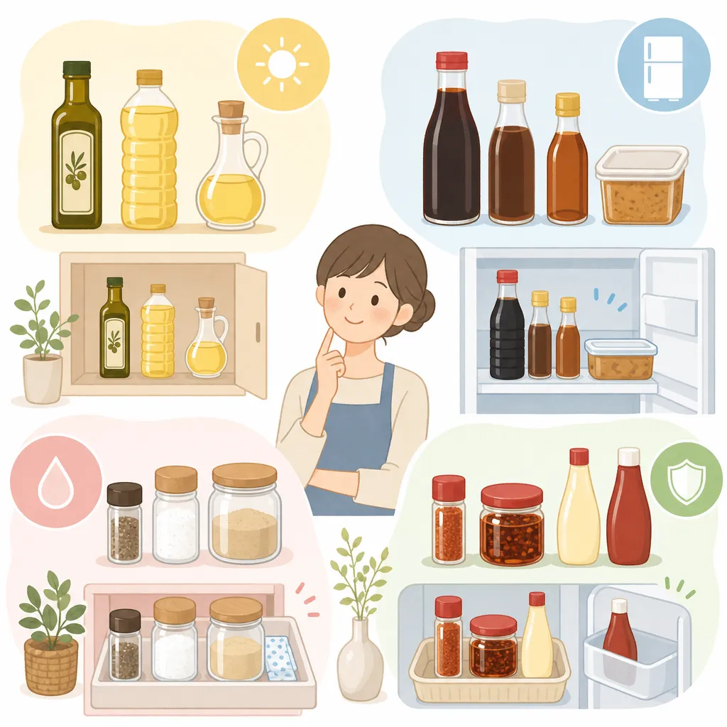 調味料の瓶が並んでいて、それぞれ異なる保存方法を示すアイコンが付いている様子。