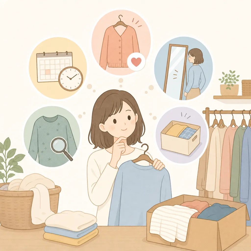 捨てるか迷う服を判断するための基準が示されたイラスト。