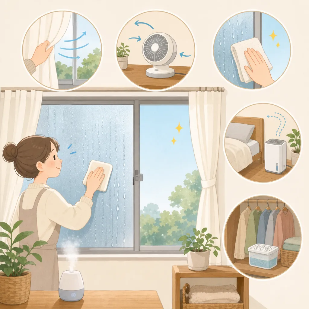 窓の結露を防ぐため、タオルで水滴を拭き取り、換気扇を回す日常的な対策を行う人物の様子。