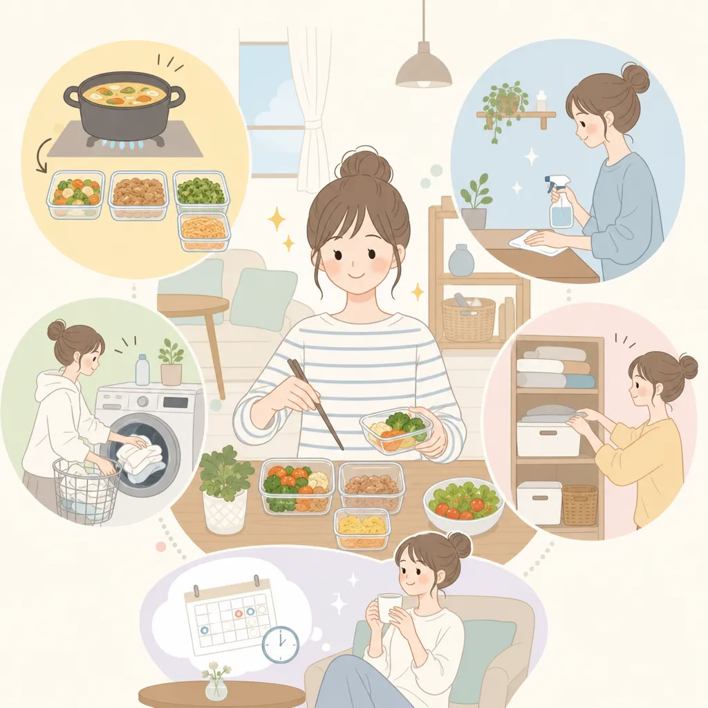 一人暮らしの人が、効率的に家事をこなしている様子を表した図。