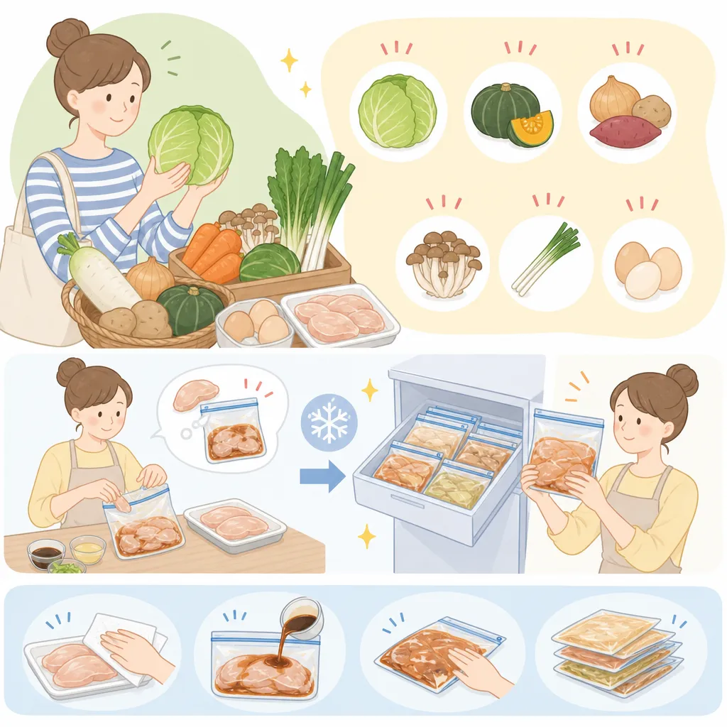 傷みにくい食材を選び、下味をつけた食材を冷凍保存する調理準備の手順を表した図