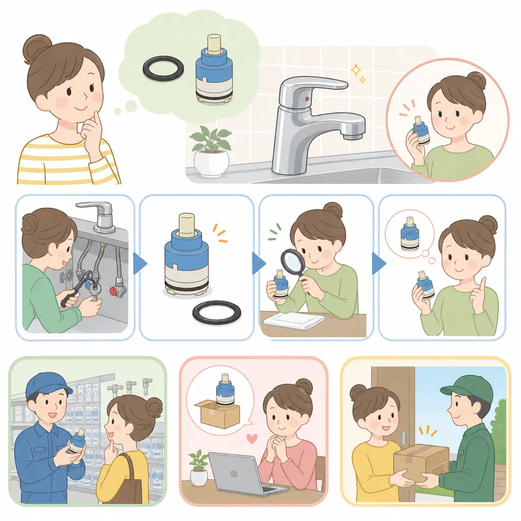 パッキンとカートリッジの品番を調べて、入手先を確認する手順を表した図。
