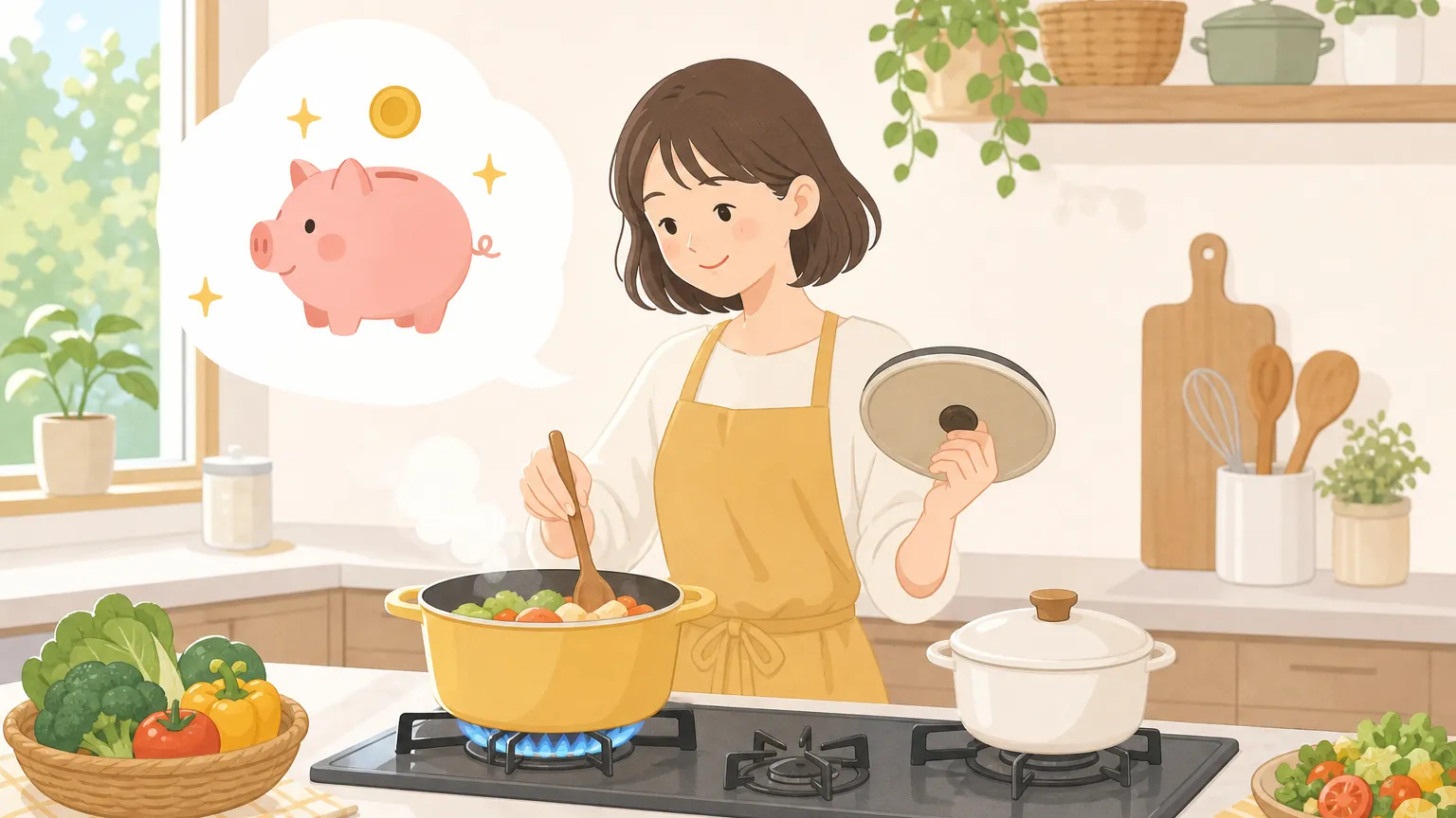 鍋にフタをして火加減を調整しながら調理している様子