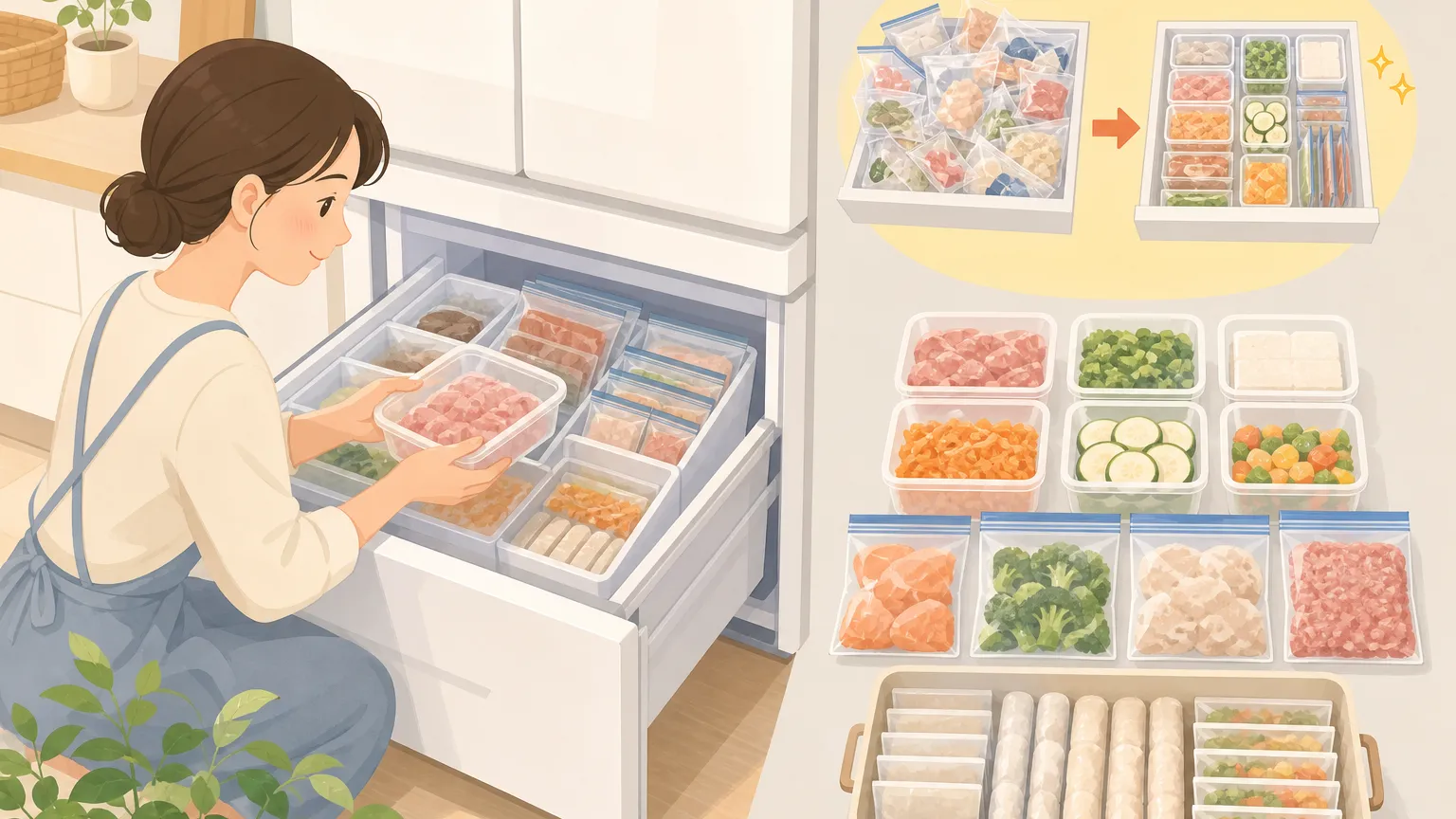 冷凍庫の中を整理整頓し、食材をきちんと並べ直している様子。