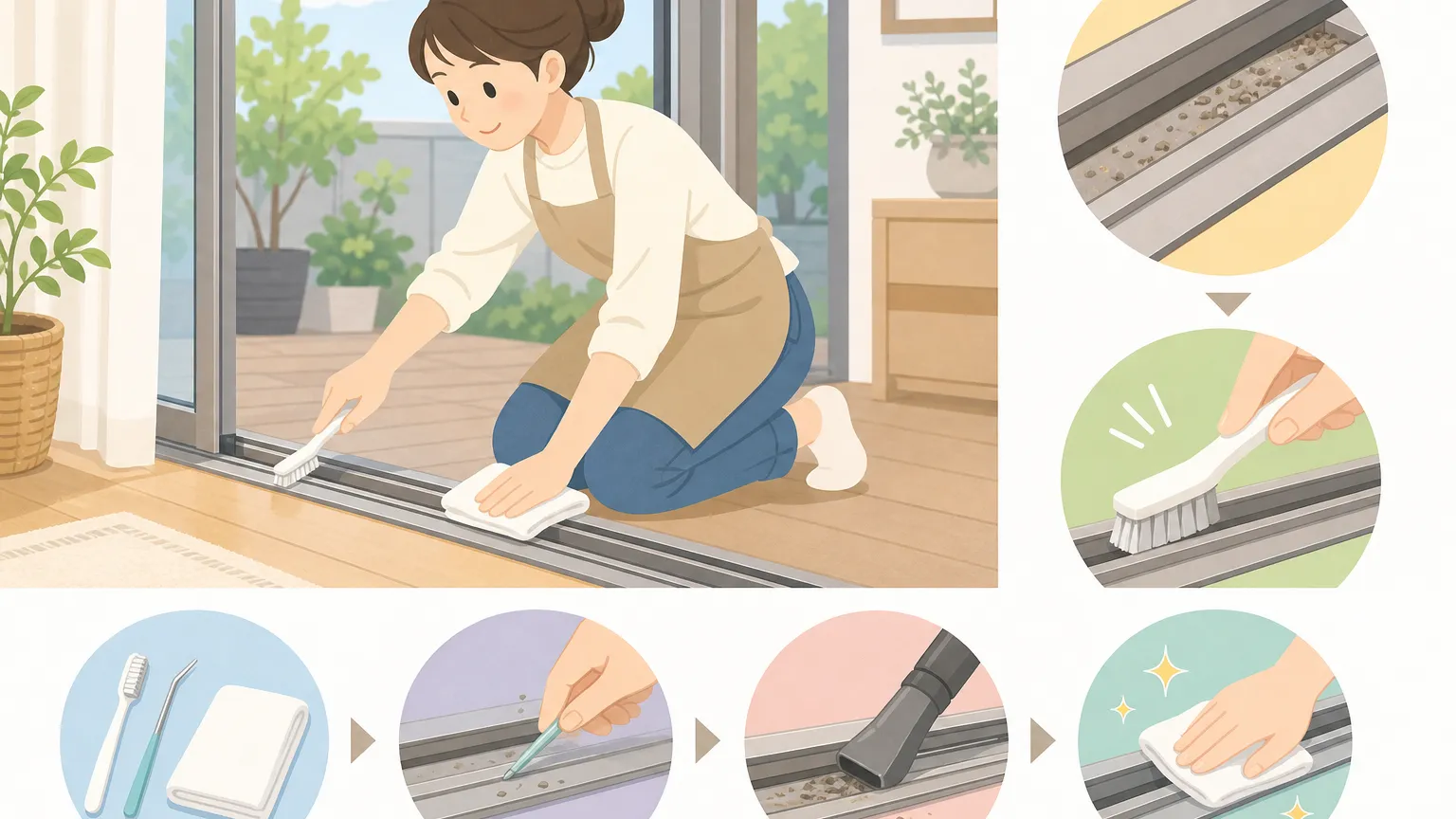 サッシの溝を掃除している様子を描いた温かみのあるフラットデザインの場面。