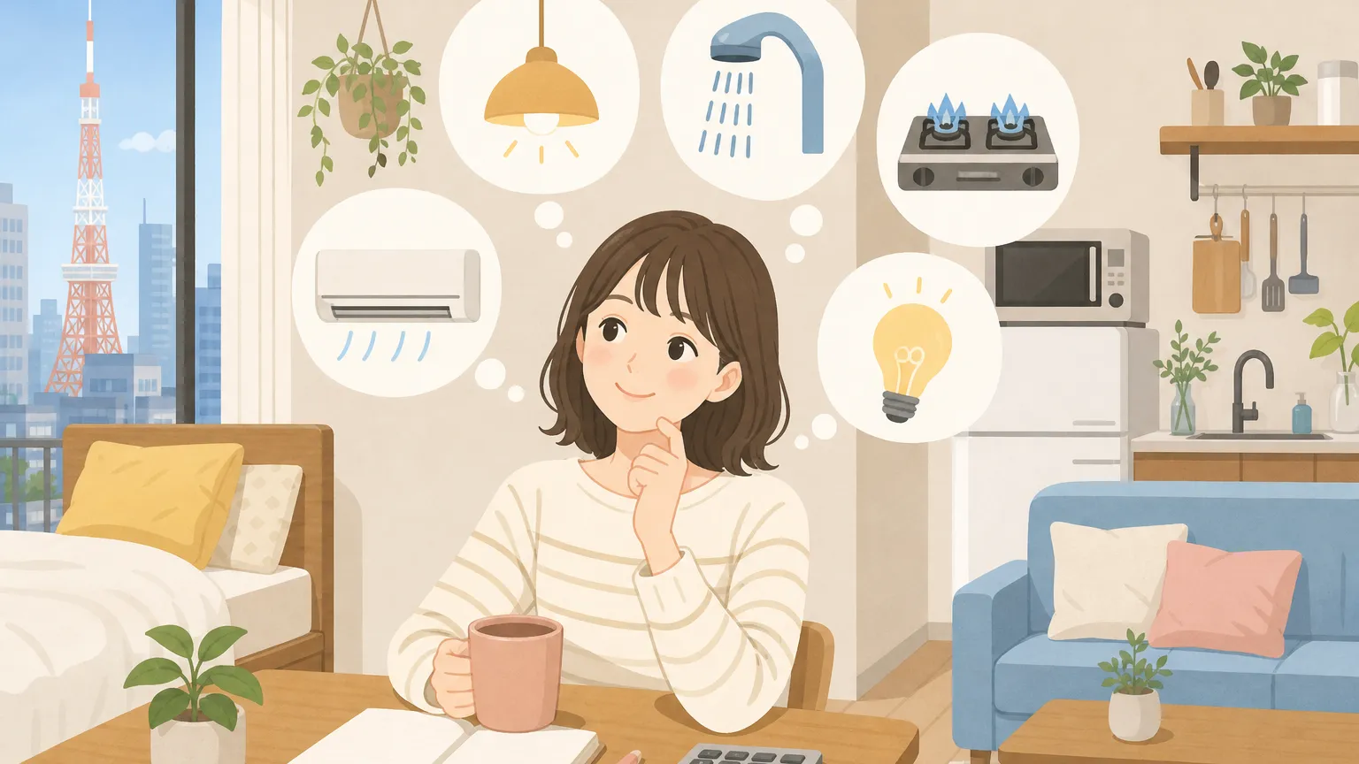 一人暮らしの部屋で電気代、ガス代、水道代の光熱費を表すアイコンと家計簿を示すイラスト。