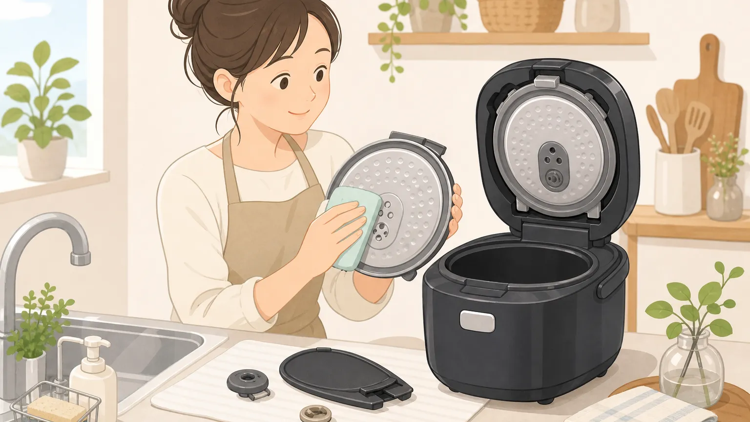 タイガー炊飯器の内蓋を手で取り外し、スポンジで丁寧に洗浄している様子。