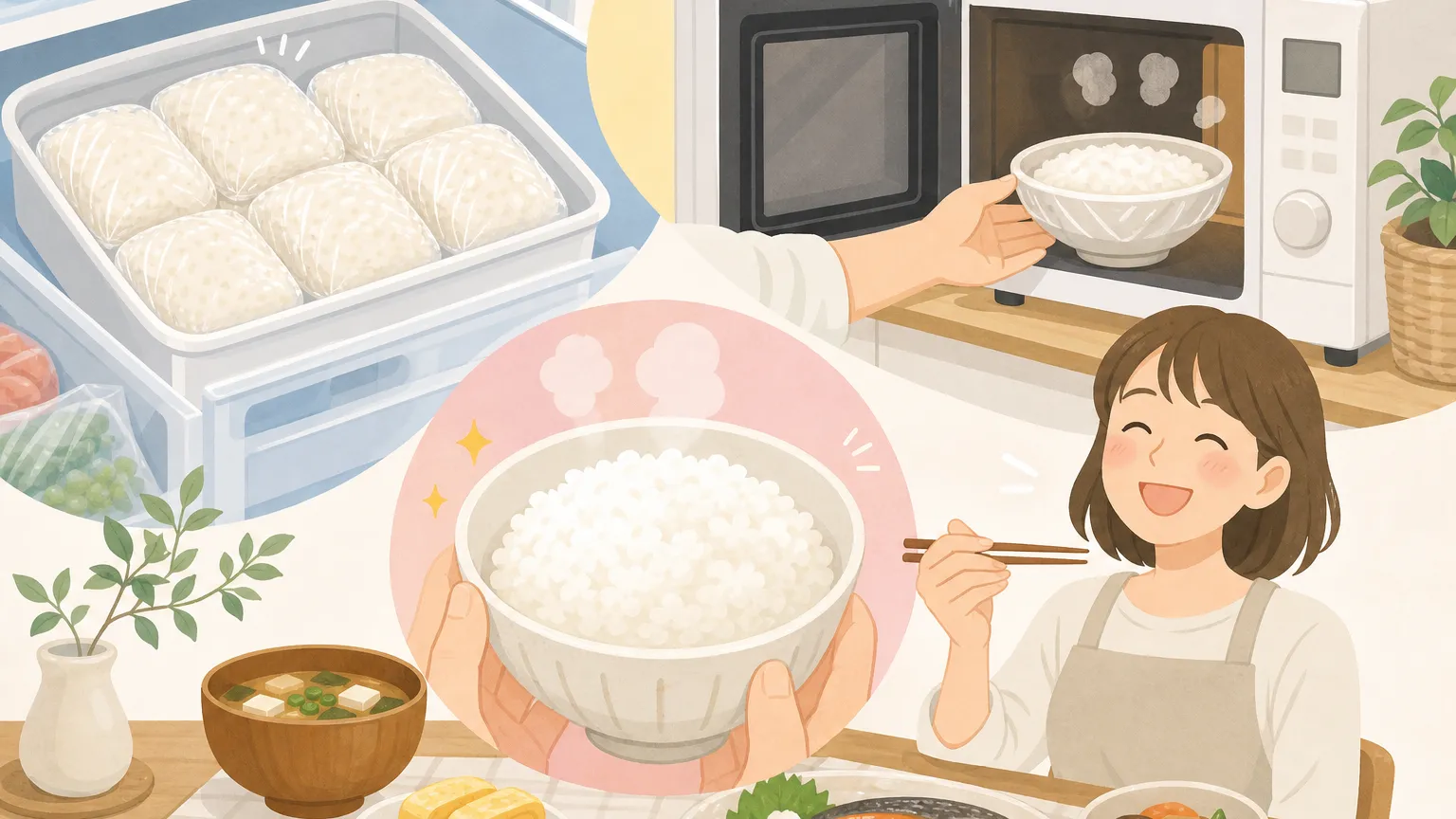 冷凍ご飯をふんわりと湯気が立ち上る茶碗に盛り付けている温かみのある食卓シーン。