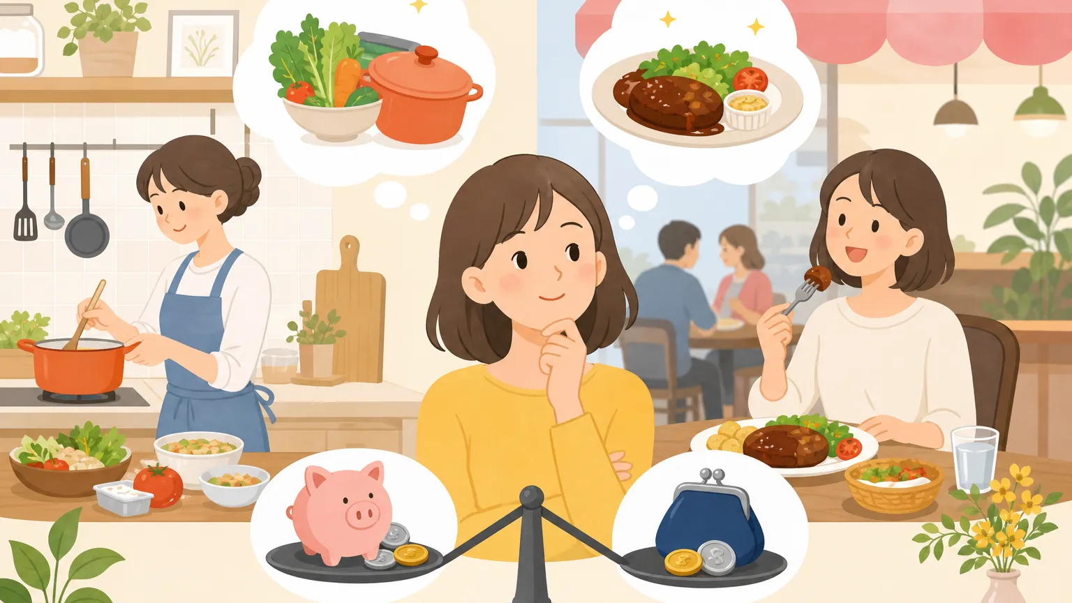自炊と外食の食費比較をテーマに、キッチンで料理する人と食卓で食事する人が並んで描かれている温かみのある場面。