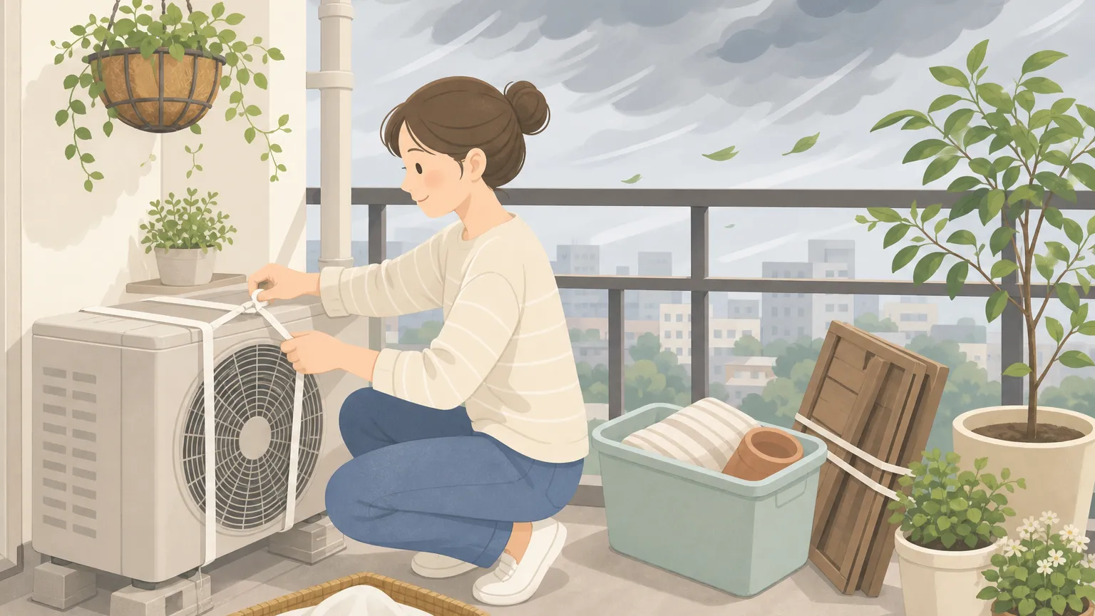 ベランダの植木鉢や物干し竿などを片付け、台風に備える家族の様子。