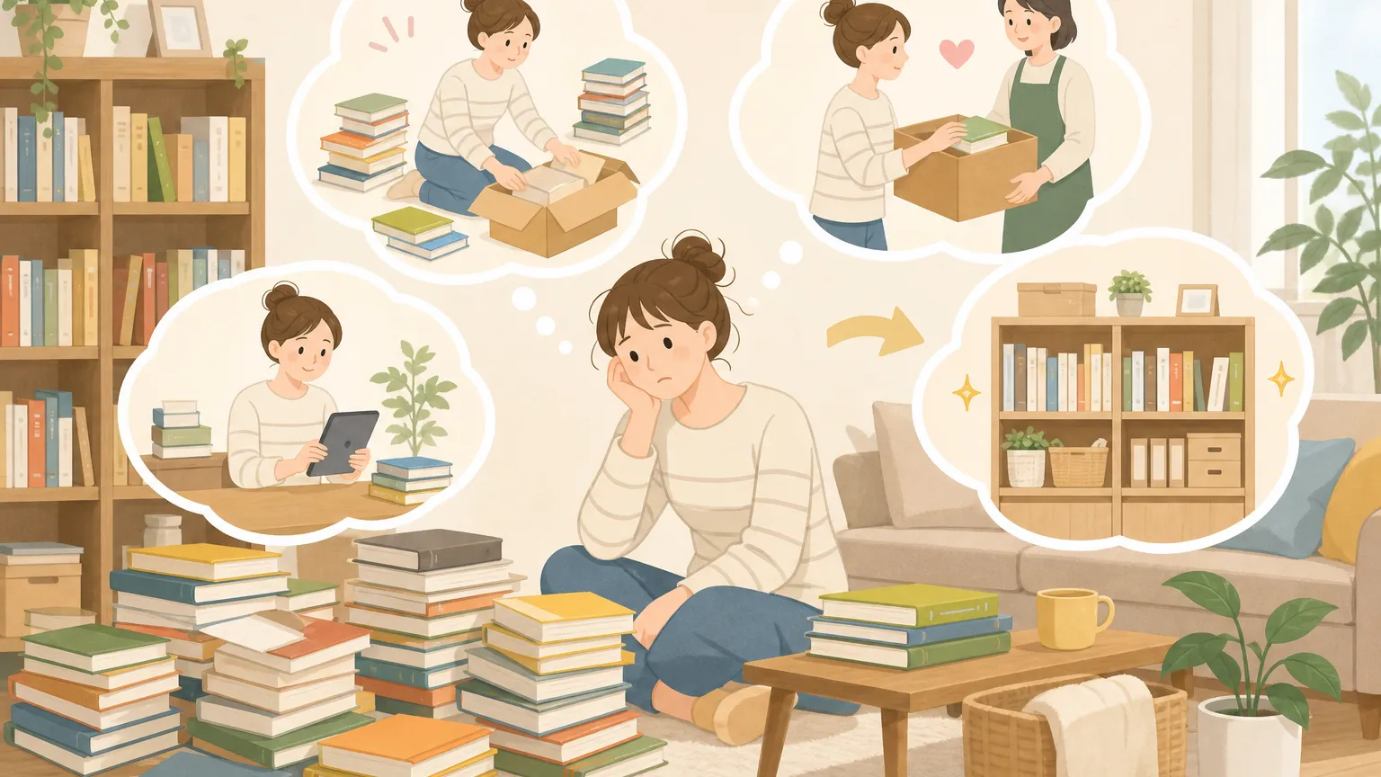 本棚から本を選んで整理している様子を表した温かみのあるイラスト