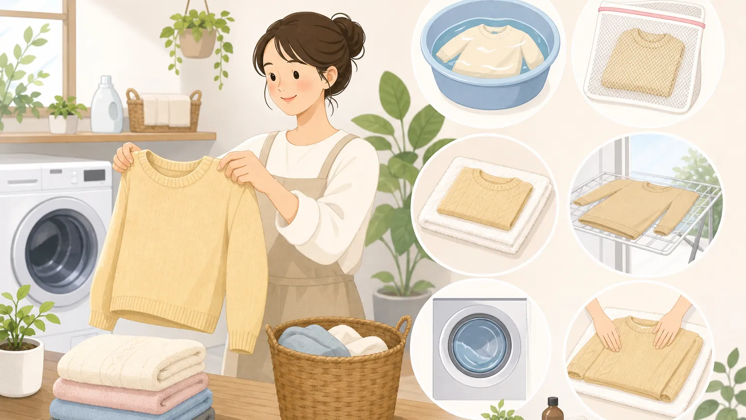 洗濯かごに入った衣類と洗剤ボトル、ハンガーに干された服が描かれた温かみのあるイラスト
