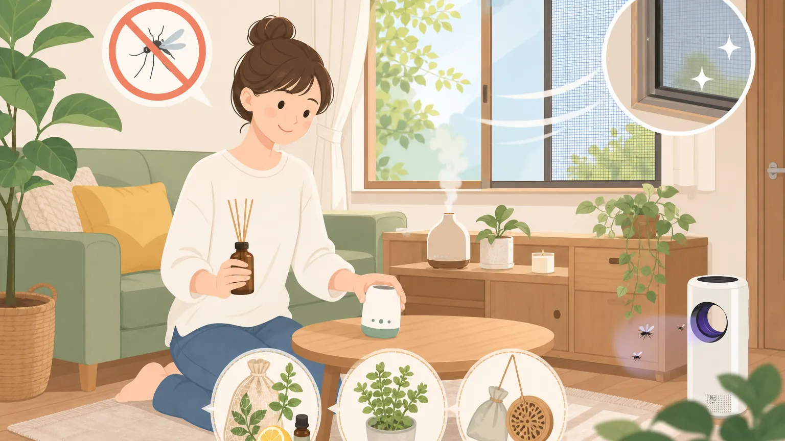 室内で観葉植物に囲まれながら、虫対策グッズを使用している一人暮らしの女性。