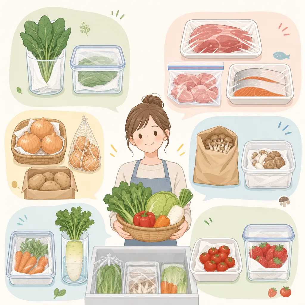 野菜や肉などの食材を冷蔵庫や保存容器に整理して保存している様子