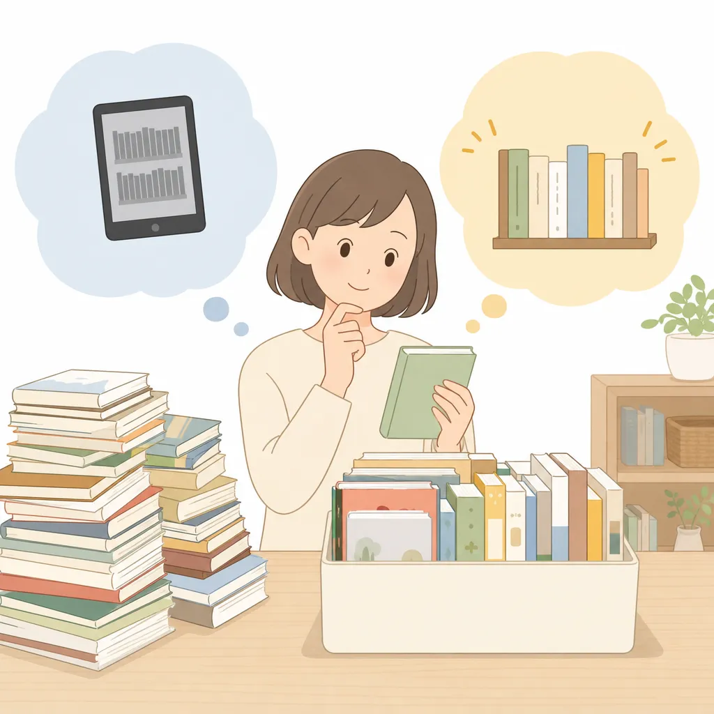 紙で保管する本を選別している様子を示す、本棚から本を選ぶ人物のシンプルなイラスト。
