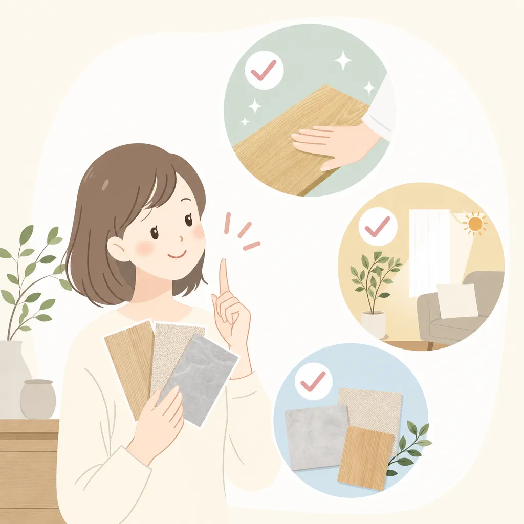 素材選びの3つのチェックポイントを示すシンプルなフラットデザイン
