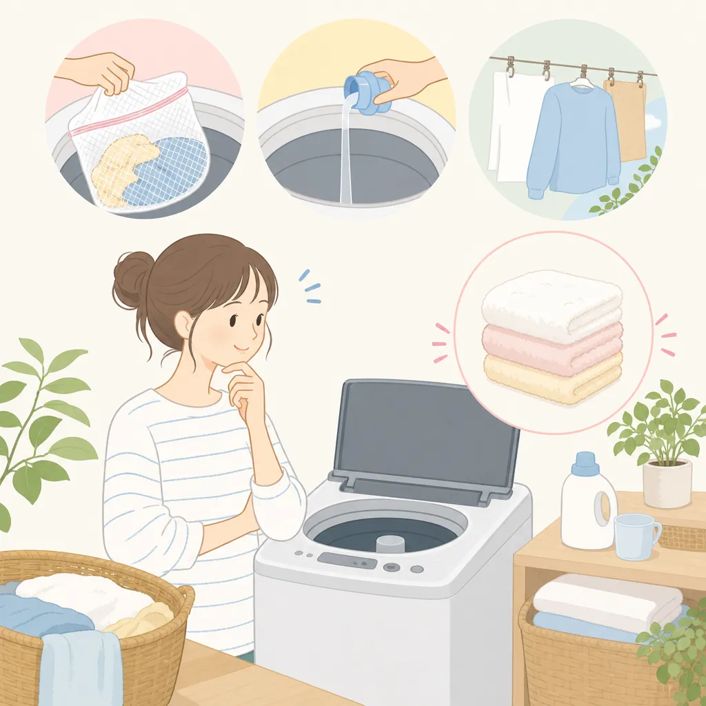 洗濯機に洗濯物を入れる女性と、ふんわりした洗濯物が並ぶイラスト