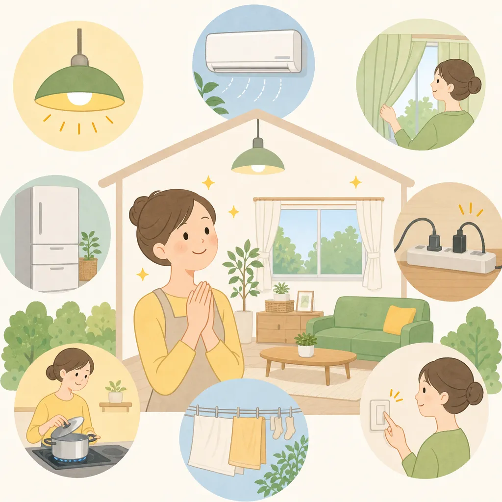 電球とお金のイラストで、省エネルギーと電気代削減の関係を表現した図。