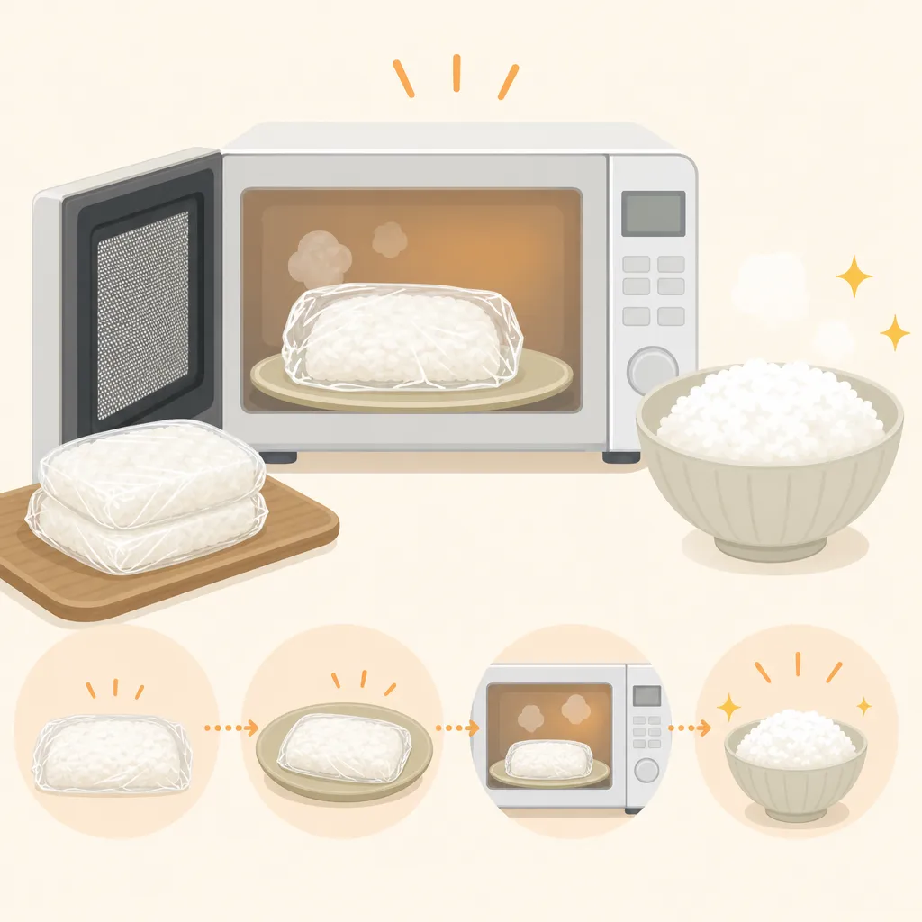電子レンジで冷凍ご飯を均等に加熱しながら解凍している様子を示す図解。