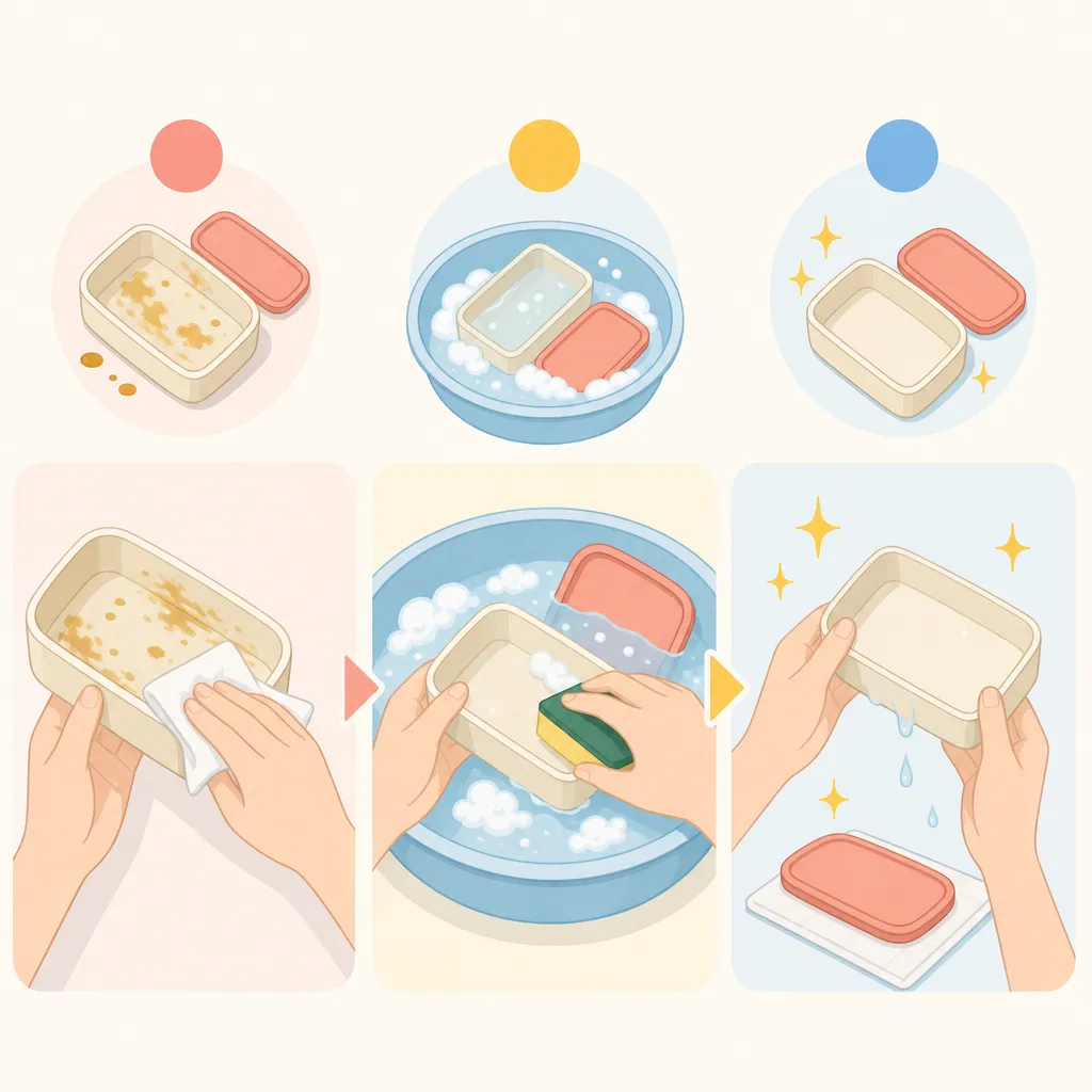 弁当箱を洗う3つのステップが並んでいる図解
