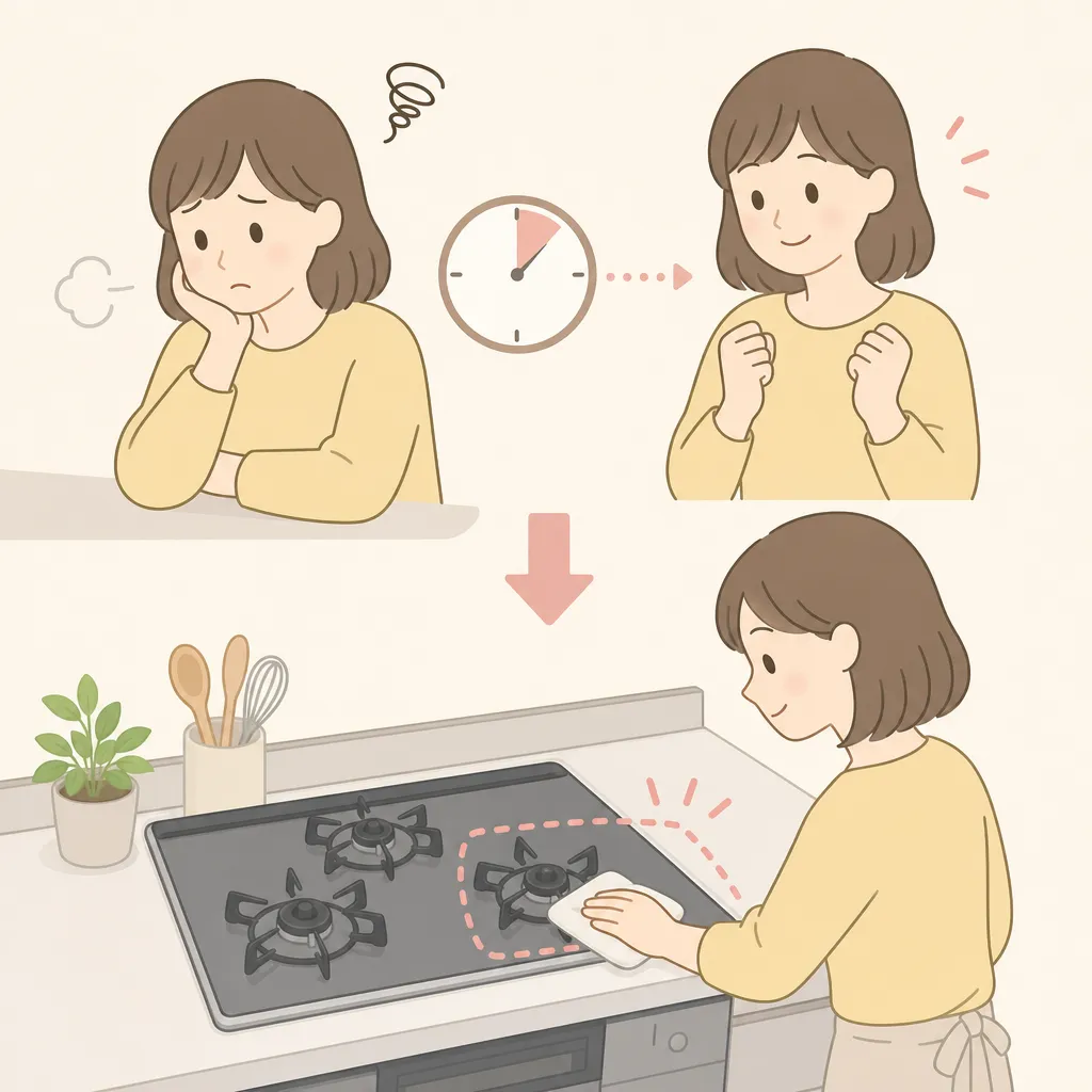掃除のやる気が出ない時に、短時間で限定的な範囲から始める工夫を表すイラスト。