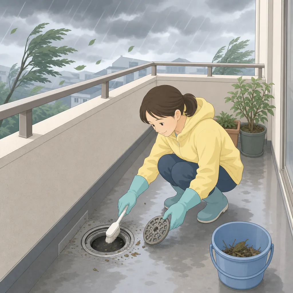 ベランダの排水口を掃除して、浸水を防ぐ女性。