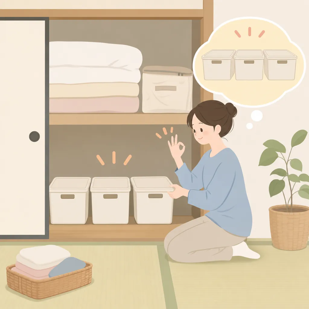 押し入れに積み重ねられた3個の収納ケースと、その上に「3個まで」と書かれた札。