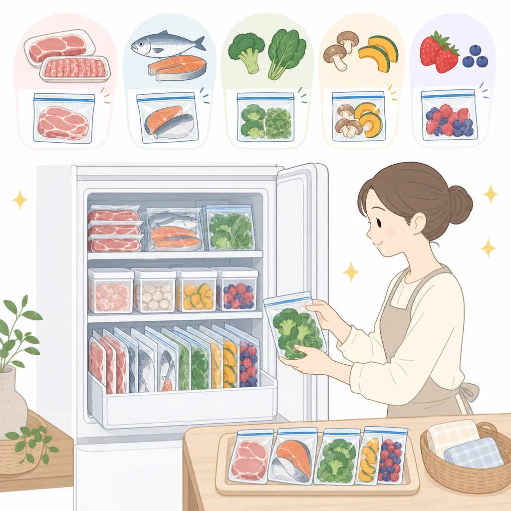 冷凍庫内に整理された野菜、肉、魚などの食材が収納されている様子。