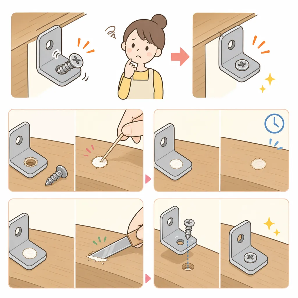 ネジのゆるみや穴のバカ止めを防ぐため、大きめのワッシャーを使用して修理する方法を示した図。