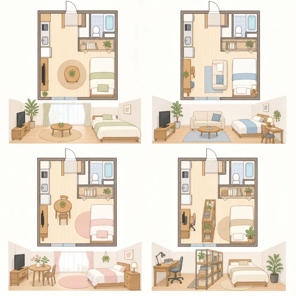 8畳1Kの部屋に家具が配置された様々なレイアウトパターン