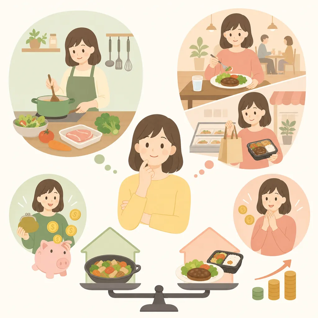 自炊と外食を上手に使い分けて、家計を賢く管理している様子