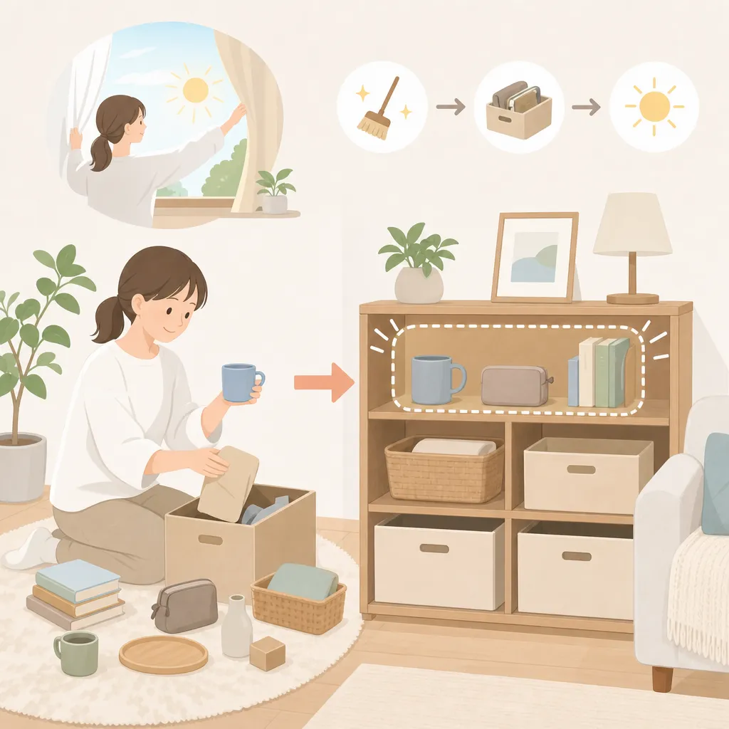片付いた机の上に、整理整頓されたアイテムが定位置に配置されている様子