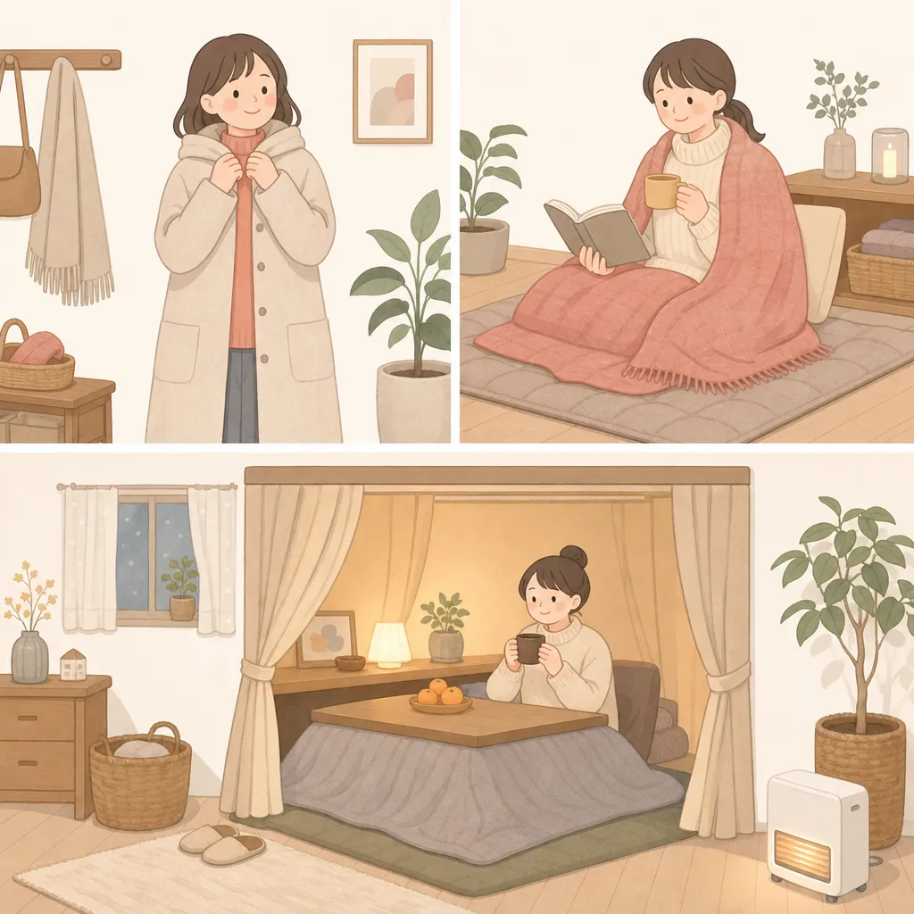 着る・敷くで暖まり、部屋全体を暖めない工夫を表したシンプルなフラットデザイン