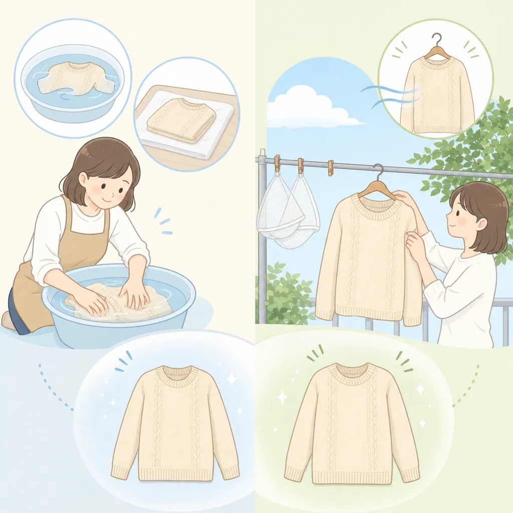 洗濯物を優しく洗う手と、ハンガーに干す衣類の図解