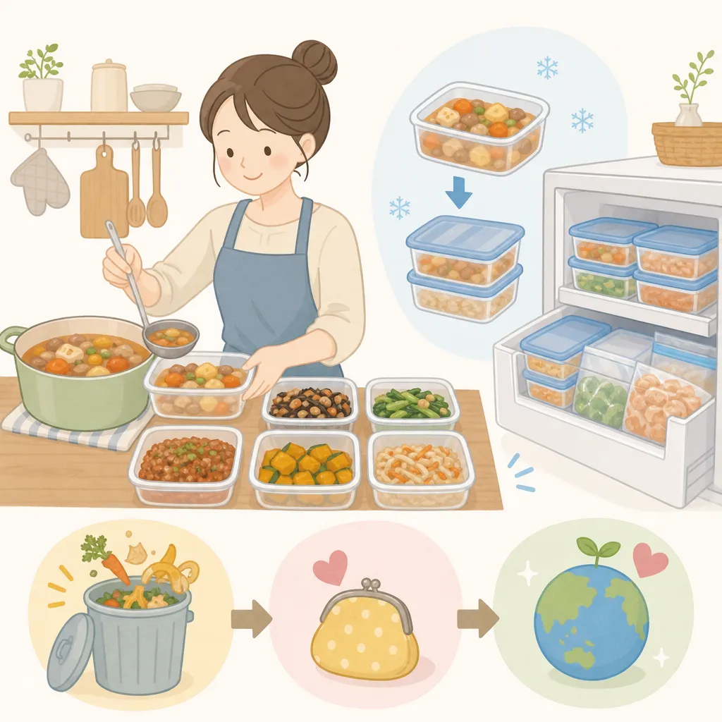 まとめて調理した食事を容器に入れて冷凍保存する様子