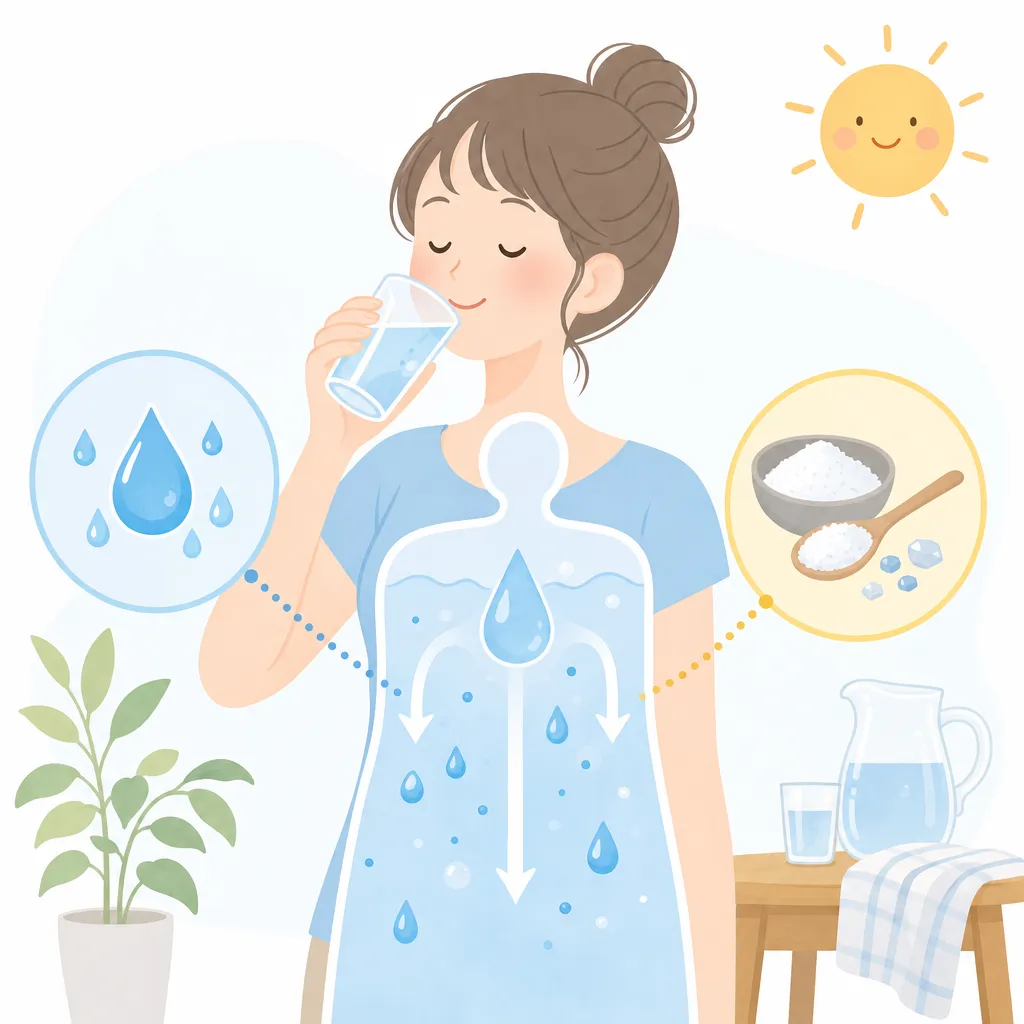水を飲む人と塩分を示すアイコンで、体の中から熱中症を防ぐ水分と塩分補給の重要性を表現した図。