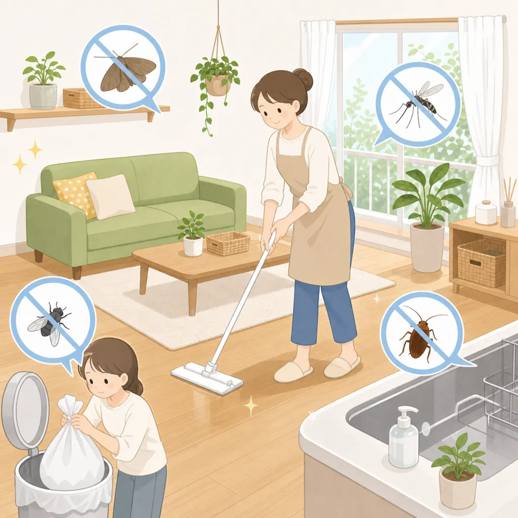 掃除用具と整理整頓された部屋、その周りを囲むようにバリアが表示されている様子を描いた、虫を寄せ付けない清潔な生活環境を表