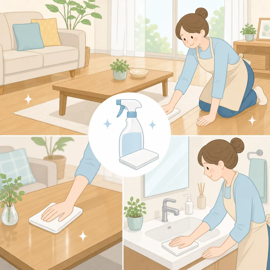 リビングや床、洗面台を中性~弱アルカリの拭き取り洗剤で掃除している様子